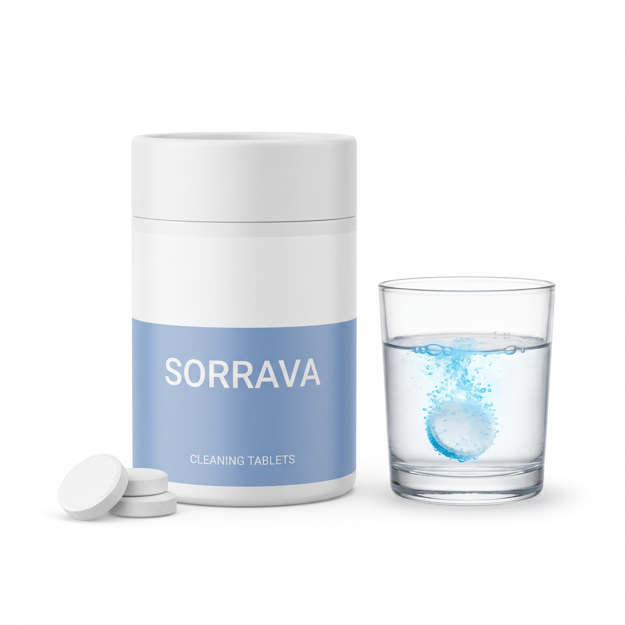 SORRAVA cleaning tablets canister with dissolving tablet in water